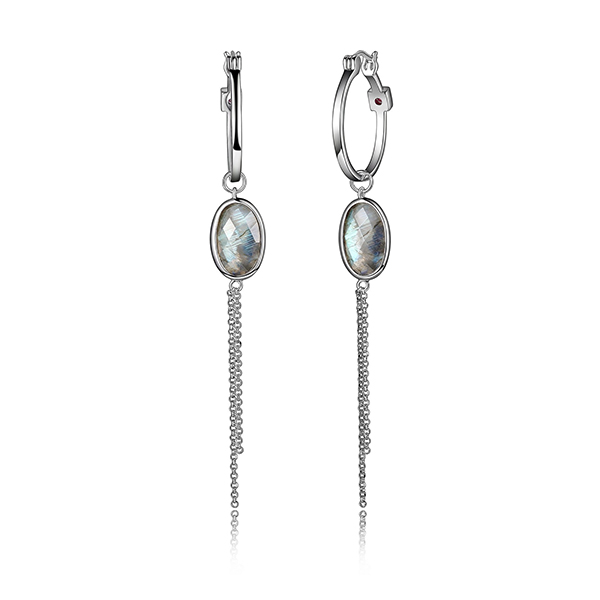 ELLE Sterling Silver Checkerboard Genuine Labradorite 20mm Hoop Dangle Earrings -Silver