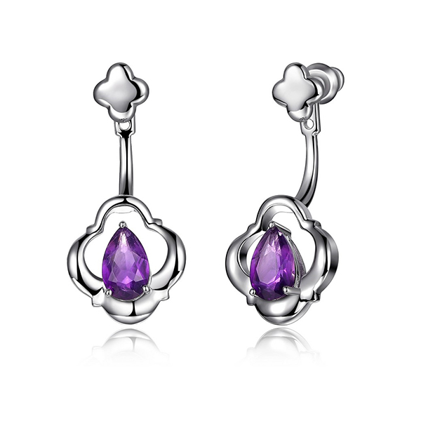 ELLE Sterling Silver Pear Cut African Amethyst Clover Front and Back Post Earrings- Silver
