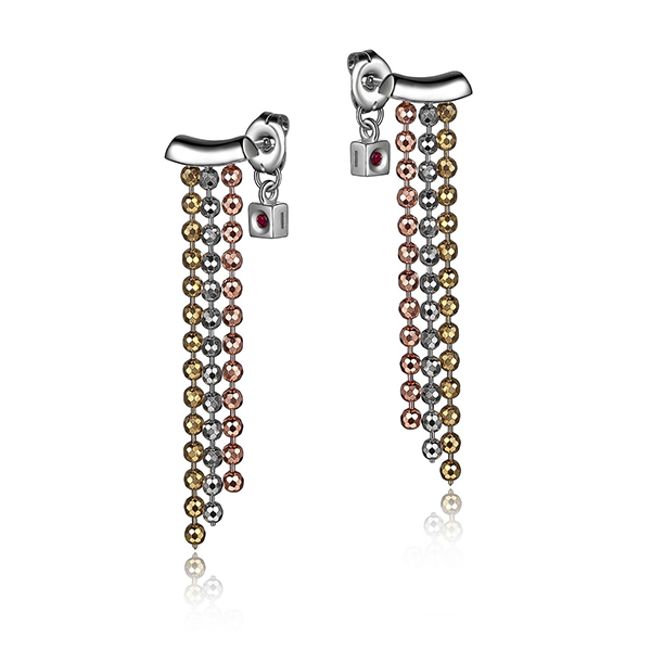 ELLE Sterling Silver Tri_Color Diamond Cut Bead Post Earrings
