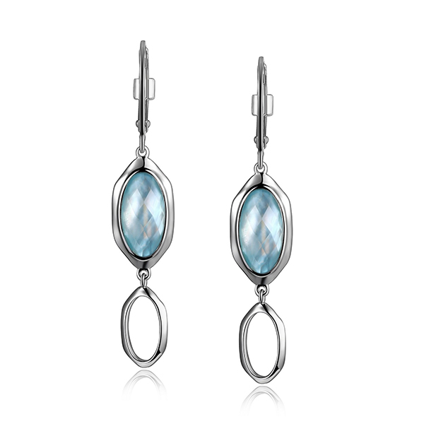 ELLE Sterling Silver White Crystal and Dyed Blue Mother of Pearl Doublet Dangle Leverback Earrings- Silver