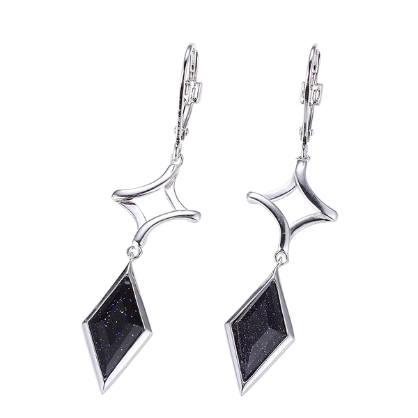 ELLE Sterling Silver Diamond Shape Blue Gold Stone Leverback Earrings - Silver