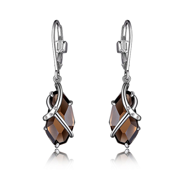 ELLE Sterling Silver Smoky Quartz and Cubic Zirconia Leverback Earrings - Silver