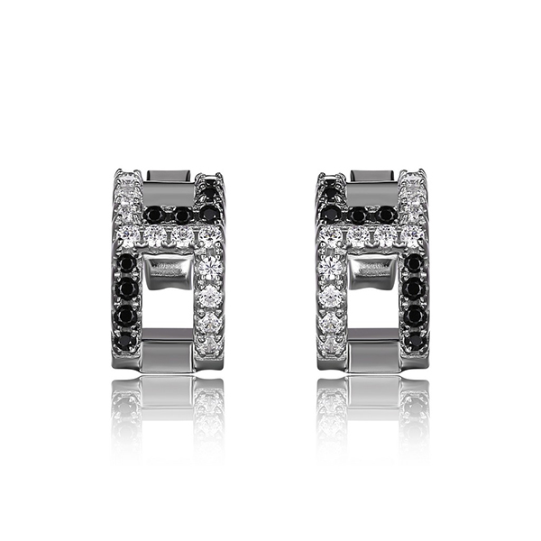 ELLE Sterling Silver Cubic Zirconia and Black Nano _Hook Hoop Earring - Silver