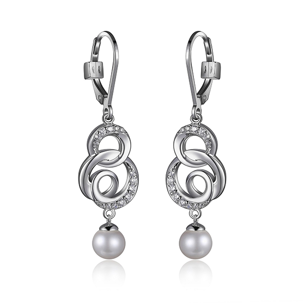 ELLE Sterling Silver Cubic Zirconia and Pearl Drop Leverback Earrings - Silver