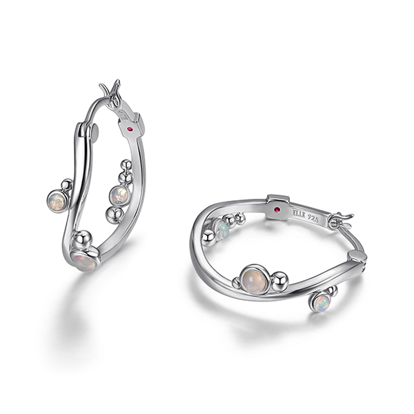 ELLE Sterling Silver PIXIE DUST 24mm Genuine Opal Hoop Earrings - Silver