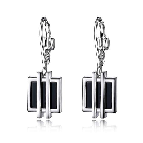 ELLE Sterling Silver MIDNIGHT Square Black Agate Leverback Dangle Earrings - Silver