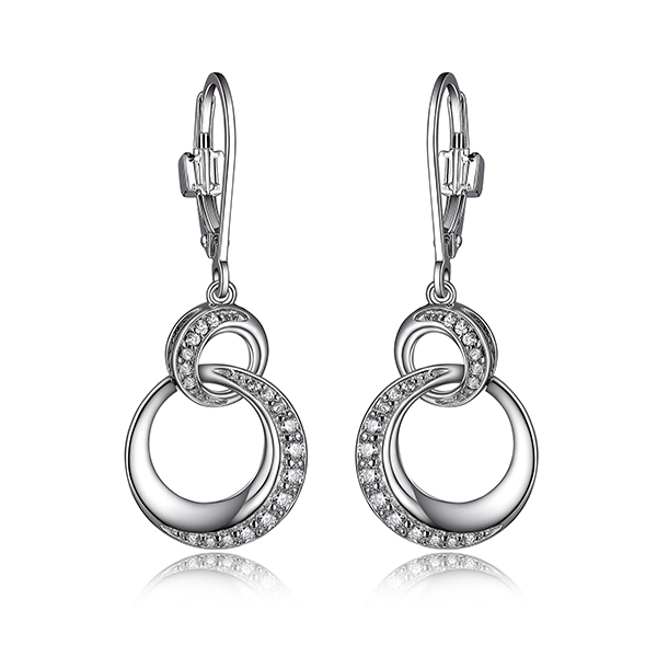 ELLE Sterling Silver HUG Cubic Zirconia Circle Link Leverback Dangle Earrings - Silver