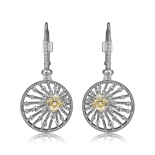 ELLE Sterling Silver STARBURST Clear and Yellow Cubic Zirconia Oval Dangle Leverback Earrings - Silver