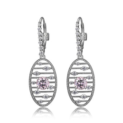 ELLE Sterling Silver STARBURST Clear and Pink Cubic Zirconia Oval Dangle Leverback Earrings - Silver
