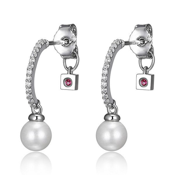 ELLE Sterling Silver Cubic Zirconia C Hoop Pearl Post Earrings - Silver