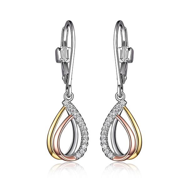 ELLE Sterling Silver Cubic Zirconia Teardrop Three Tone Leverback Earrings