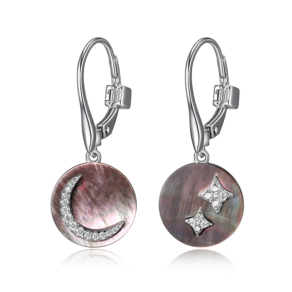ELLE Sterling Silver Moon and Stars Grey Mother of Pearl Leverback Earrings - Silver