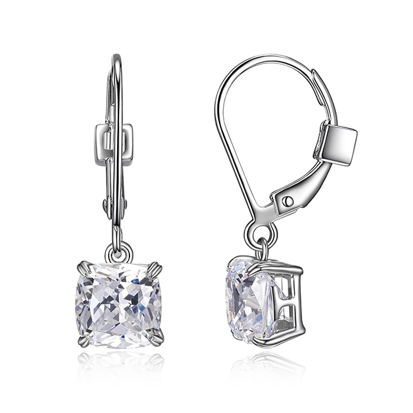 ELLE Sterling Silver SIGNATURE 7mm Cushion Cut Cubic Zirconia Dangle Leverback Earrings -Silver