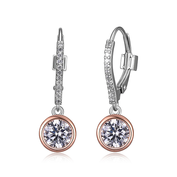 ELLE Sterling Silver SPHERE Bezel Set with Cubic Zirconia Two Tone Drop Earrings
