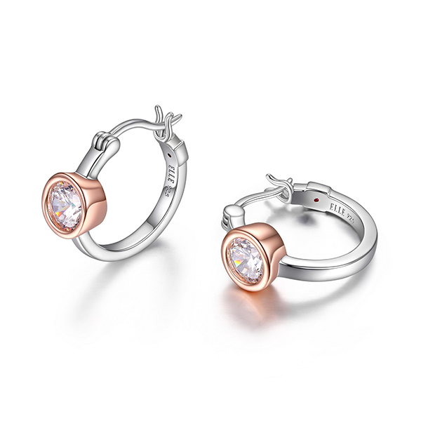 ELLE Sterling Silver SPHERE Bezel Set Two Tone Hoop Earrings
