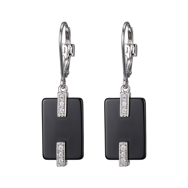 ELLE Sterling Silver MIDNIGHT Black Agate Cubic Zirconia Drop Earrings - Silver