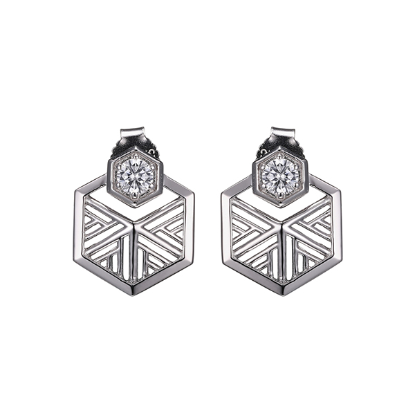 ELLE Sterling Silver LATTICE Hexagon Cubic Zirconia Earrings - Silver