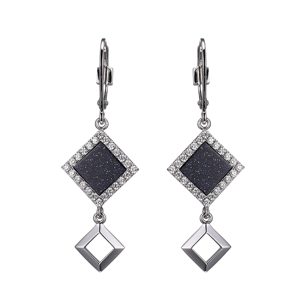 ELLE Sterling Silver NEFER Blue Gold Stone Cubic Zirconia Drop Earrings - Silver