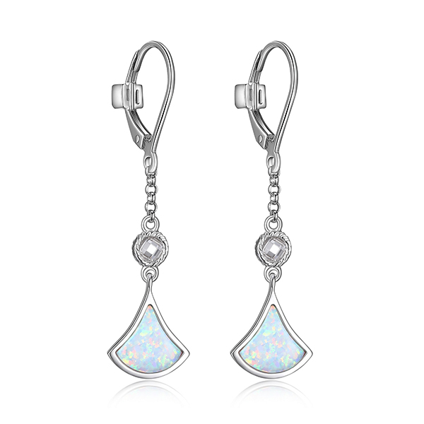 ELLE Sterling Silver DELTA Triangular Created Opal and Round Cubic Zirconia Dangle Earrings - Silver