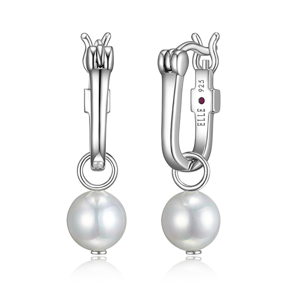 ELLE Sterling Silver GEM CLIP White 6mm Shell Pearl Drop Hoop Earrings - Silver