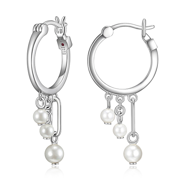 ELLE Sterling Silver GEM Clip White Shell Pearl Drop 16mm Hoop Earrings - Silver