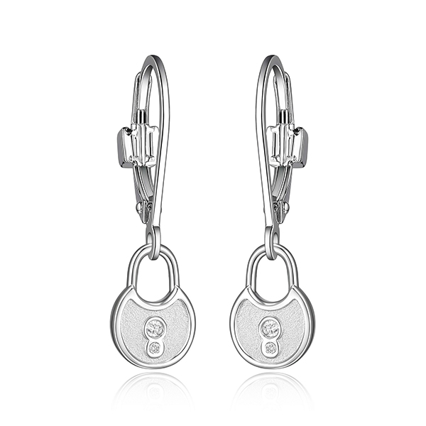 ELLE Sterling Silver LOCK AND KEY Small Lock Matt Finish Leverback Earrings - Silver