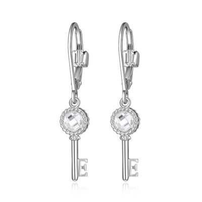 ELLE Sterling Silver LOCK AND KEY 4MM Cubic Zirconia Leverback Earrings - Silver