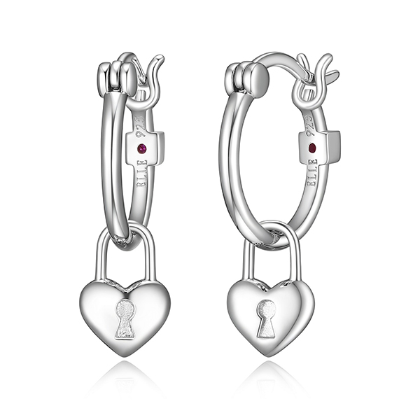 ELLE Sterling Silver LOCK AND KEY Heart Lock Dangle Hoop Earrings - Silver