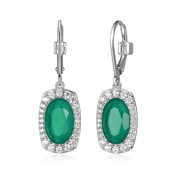 ELLE Sterling Silver AUREOLE Oval Chrysoprase Cubic Zirconia Leverback Earrings - Silver