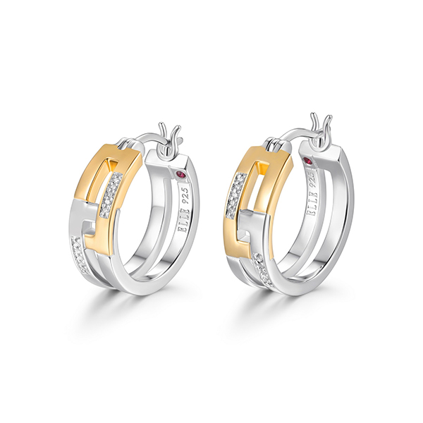 ELLE Sterling Silver HORIZON Interlocking Filigree Cubic Zirconia Hoop Two Tone Earrings