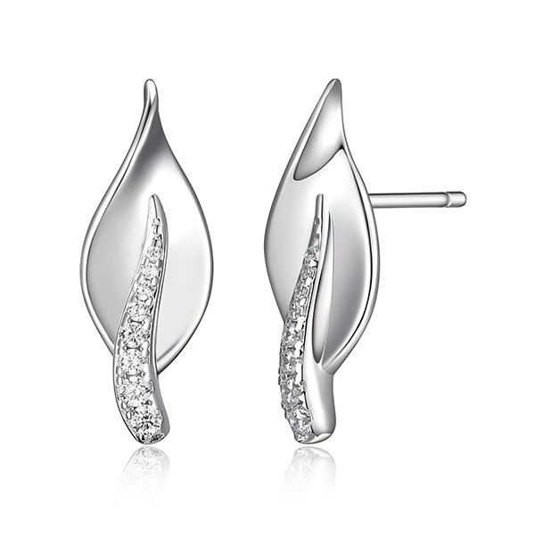 ELLE Sterling Silver FOLIAGE Leaf Cubic Zirconia Stud Earrings - Silver