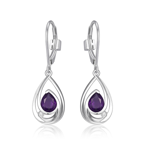 ELLE Sterling Silver PURITY Pear Shape Amethyst and Two 1 Point Diamond Leverback Dangle Earrings - Silver