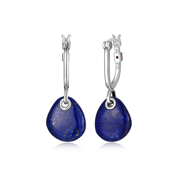 ELLE Sterling Silver PEBBLE Lapis Lazuli Pear Drop Hoop Earrings - Silver