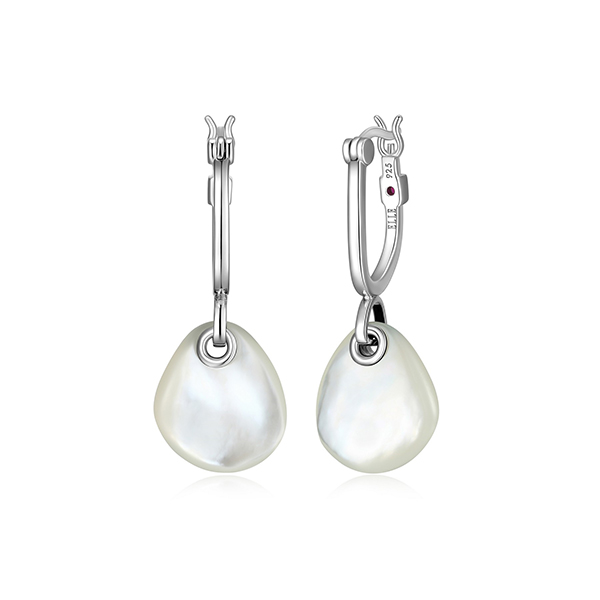 ELLE Sterling Silver PEBBLE White Mother of Pearl Pear Drop hoop Earrings - Silver