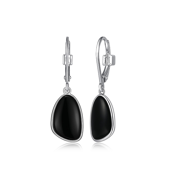ELLE Sterling Silver PEBBLE Black Agate Triangle Leverback Earrings - Silver