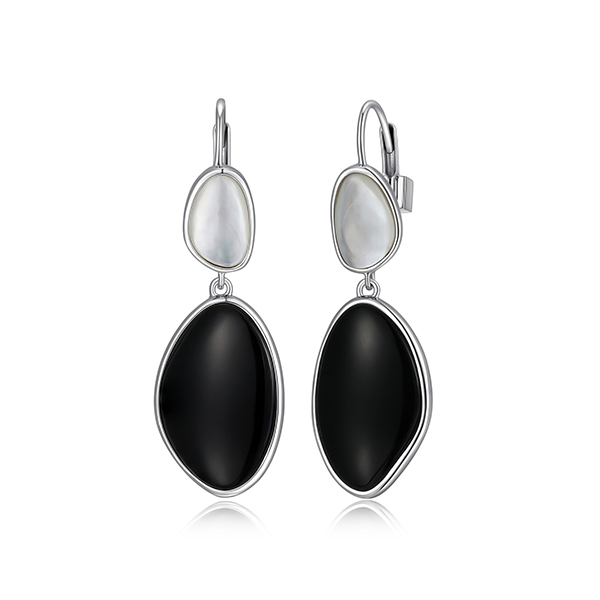 ELLE Sterling Silver PEBBLE Black Agate and White Mother of Pearl Leverback Earrings - Silver