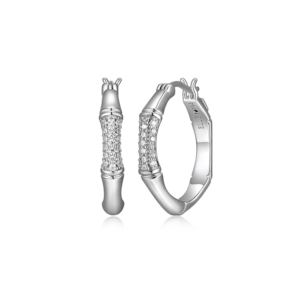 ELLE Sterling Silver BAMBOO Cubic Zirconia Round Hoop Earrings - Silver