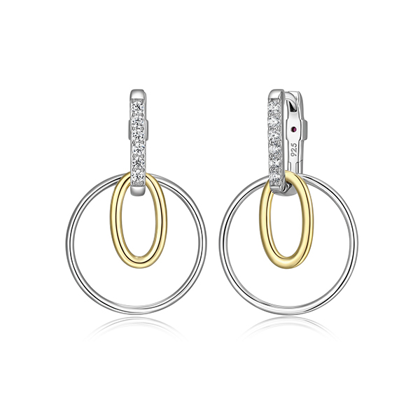 ELLE Sterling Silver CIRCADIA Circle and Oval Cubic Zirconia Drop with Hoop Two Tone Earrings