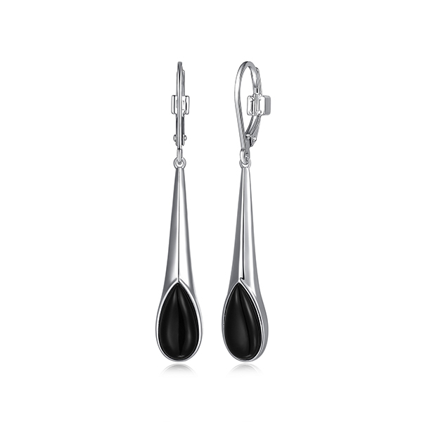 ELLE Sterling Silver ETHEREAL DROPS Genuine Black Agate Leverback Earrings - Silver