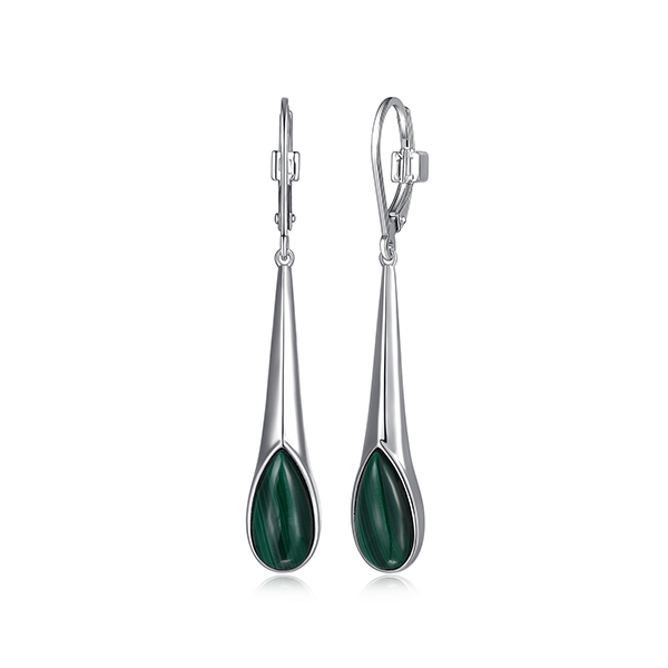 ELLE Sterling Silver ETHEREAL DROPS Genuine Malachite Leverback Earrings - Silver