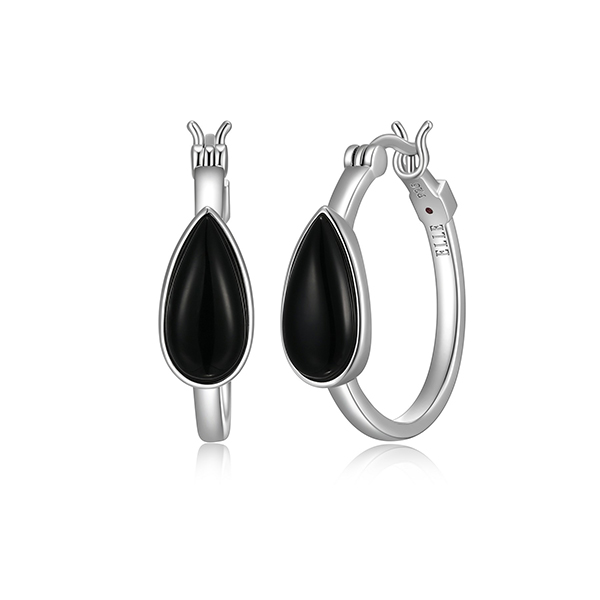 ELLE Sterling Silver ETHEREAL DROPS Genuine Black Agate  24mm Hoop Earrings - Silver