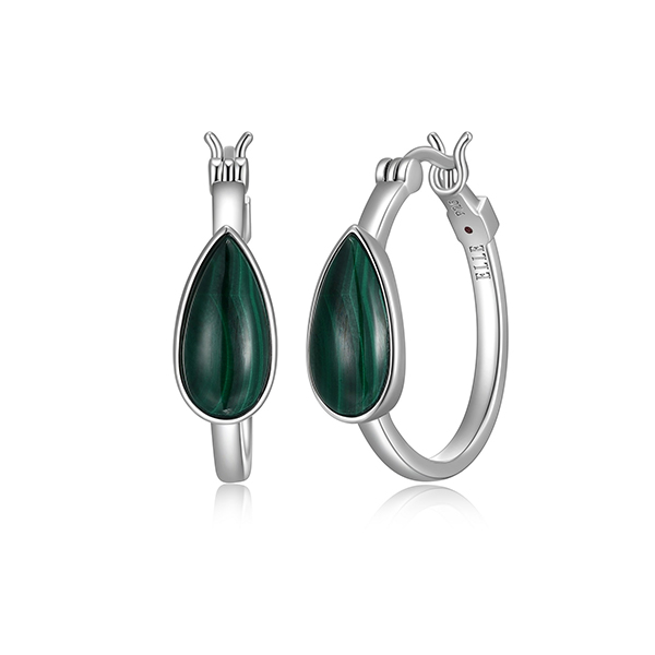 ELLE Sterling Silver ETHEREAL DROPS Genuine Malachite  24mm Hoop Earrings - Silver