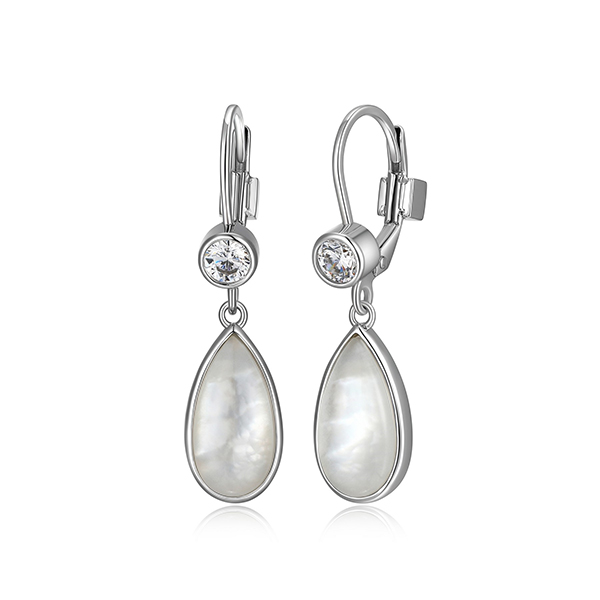 ELLE Sterling Silver ETHEREAL DROPS White Crystal and Mother of Pearl Doublet Cubic Zirconia Leverback Drop Earrings - Silver