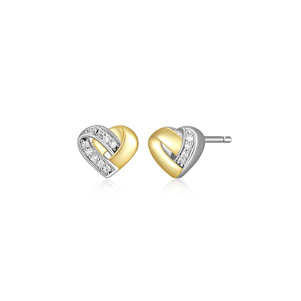 ELLE Sterling Silver AMOUR Heart Cubic Zirconia Stud Two Tone Earrings
