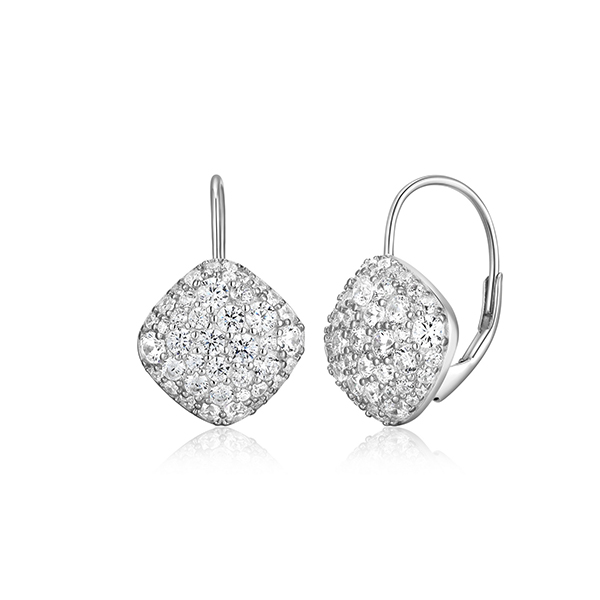 ELLE Sterling Silver GLIMMER Rhombus Cubic Zirconia Huggie Leverback Earrings - Silver