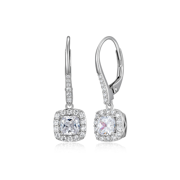 ELLE Sterling Silver RADIANCE Cushion Clear Cubic Zirconia Halo Drop Leverback Earrings - Silver