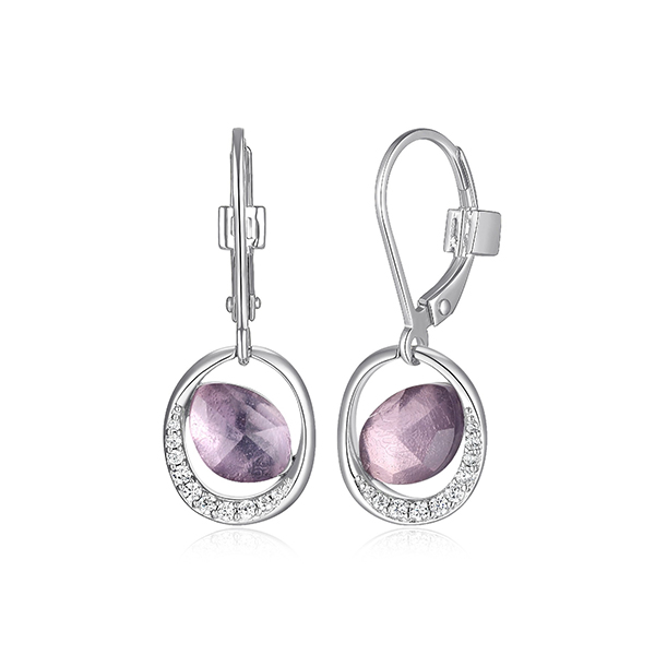 ELLE Sterling Silver TREASURE White Crystal and Amethyst Doublet Oval Stone with Cubic Zirconia Stud Earrings - Silver