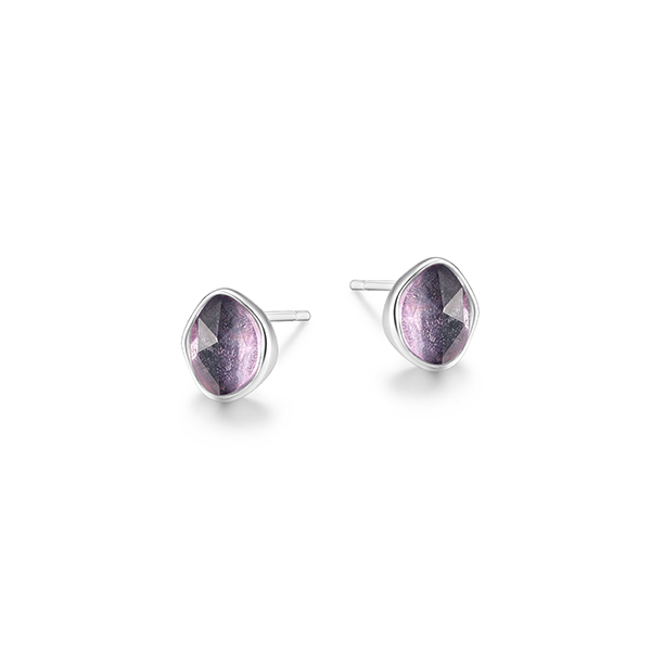 ELLE Sterling Silver TREASURE White Crystal and Amethhyst Doublet Oval Stone Stud Earrings - Silver