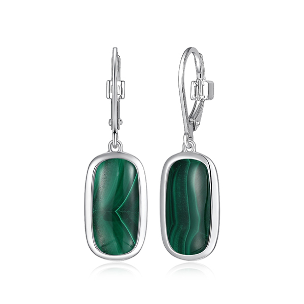 ELLE Sterling Silver ALLURE Malachite Emerald Cushion Drop Leverback Earrings - Silver