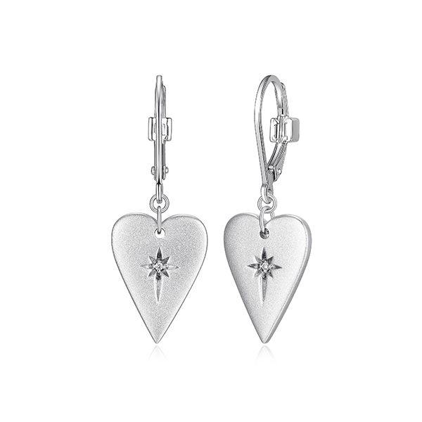 ELLE Sterling Silver LONG LOVE Elongated Heart with Cubic Zirconia Accent Leverback Drop Earrings - Silver